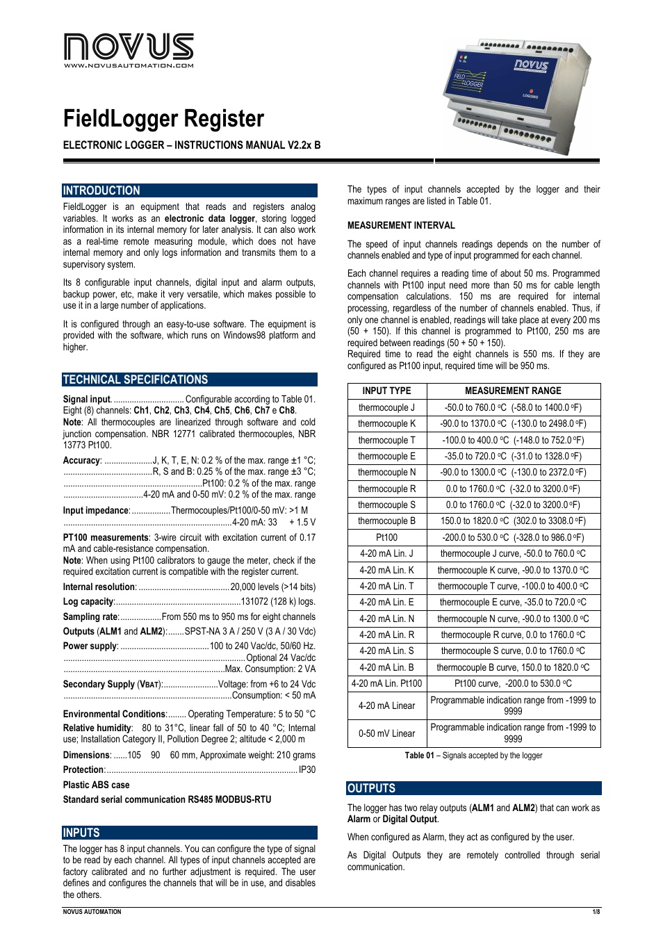 NOVUS FieldLogger Register User Manual | 8 pages