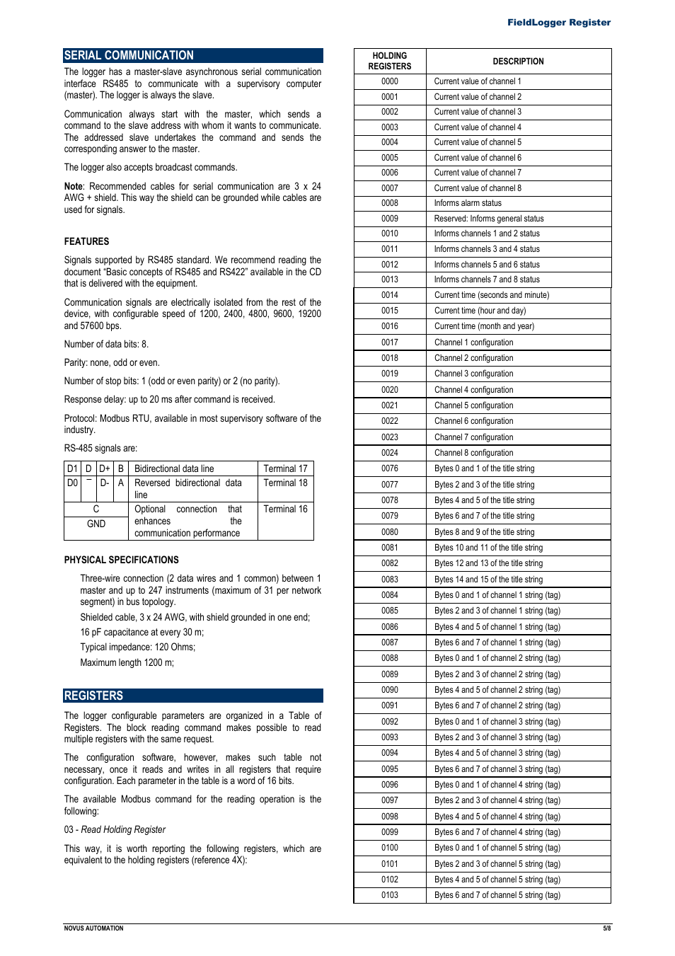 Serial communication, Registers | NOVUS FieldLogger Register User Manual | Page 5 / 8