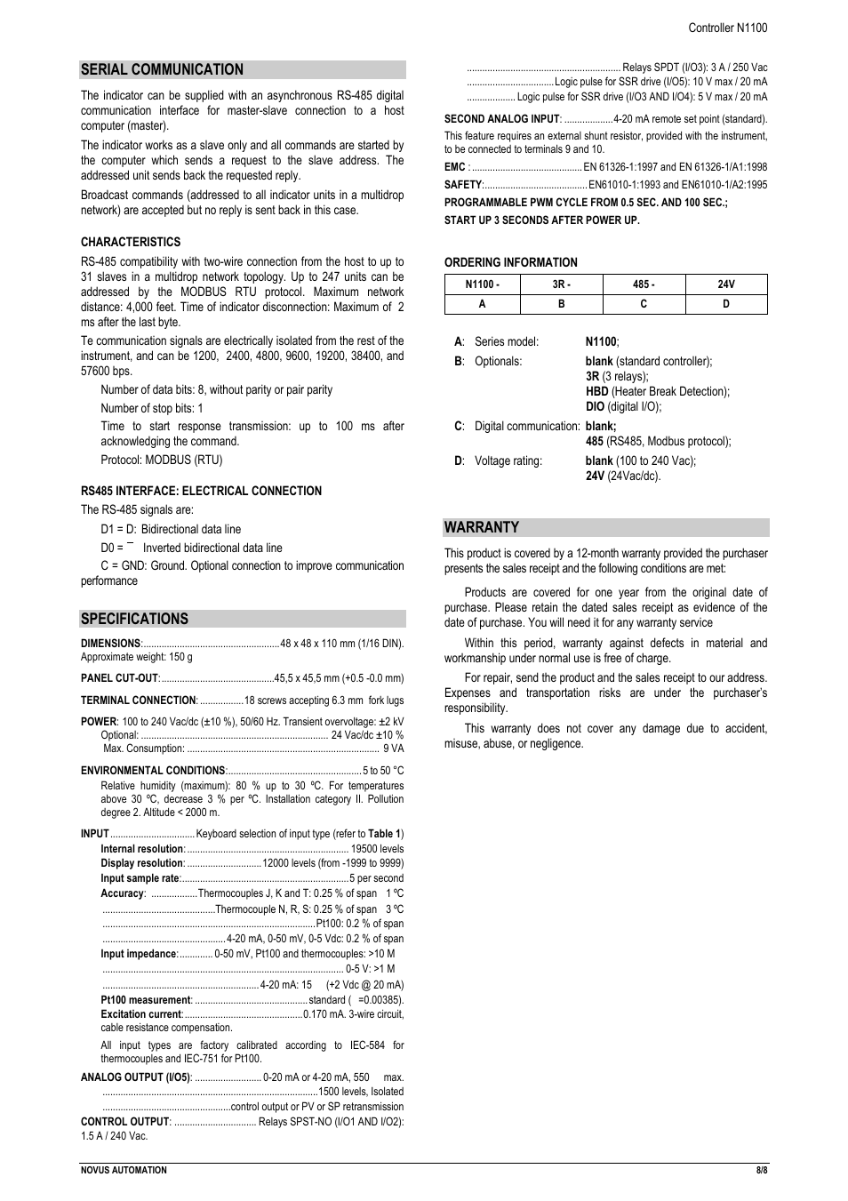 Serial communication, Specifications, Warranty | NOVUS Controller N1100 User Manual | Page 8 / 8