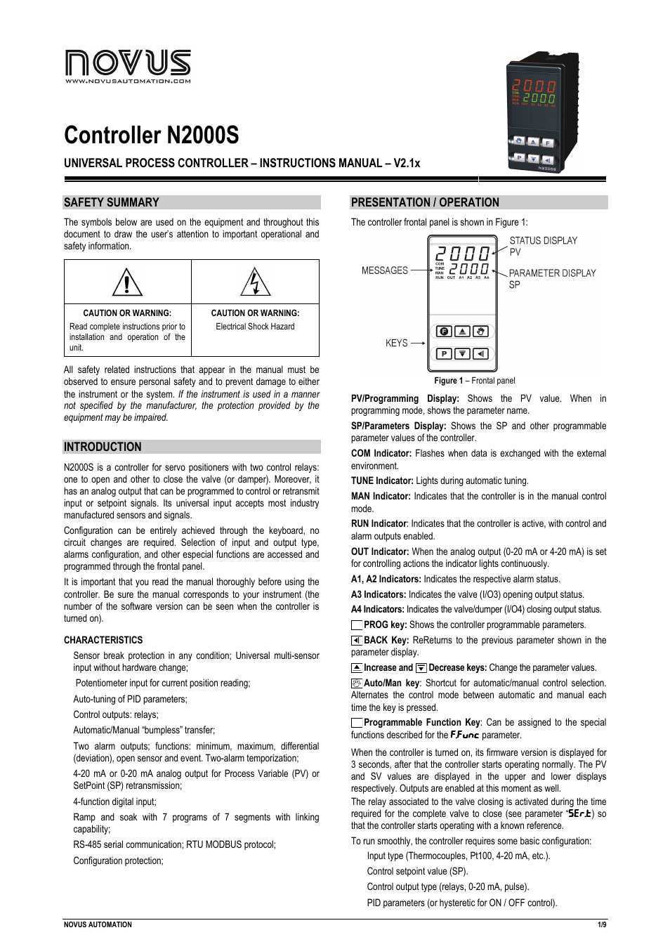 NOVUS Controller N2000S User Manual | 9 pages
