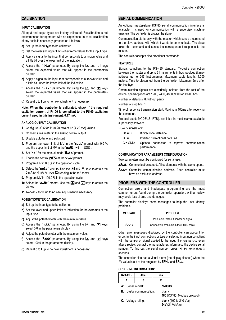 Calibration, Serial communication, Problems with the controller | NOVUS Controller N2000S User Manual | Page 8 / 9