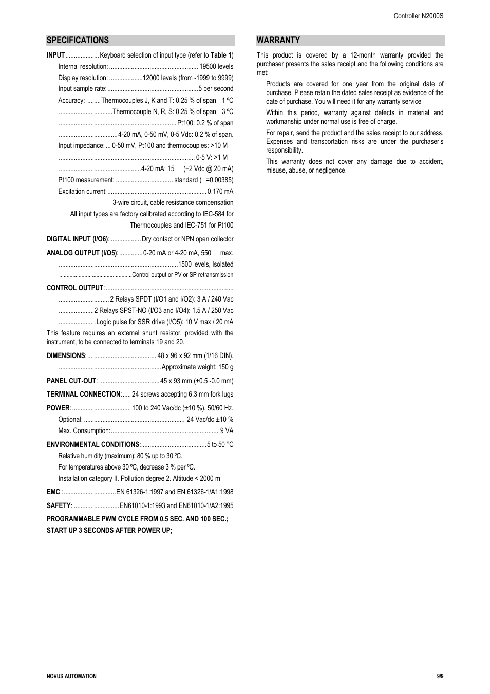 NOVUS Controller N2000S User Manual | Page 9 / 9