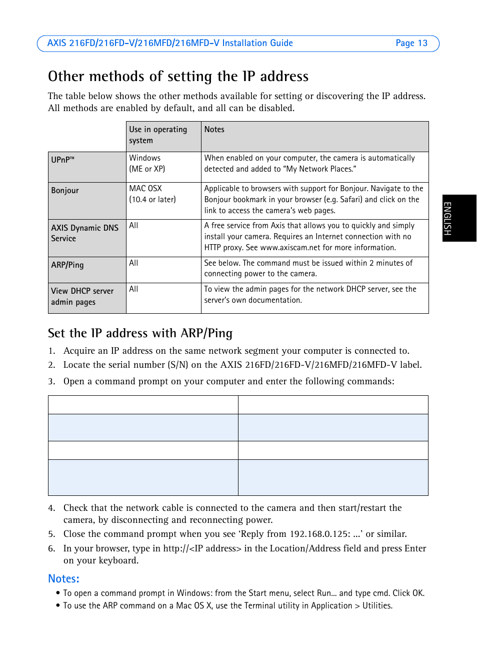 Other methods of setting the ip address, Set the ip address with arp/ping | Axis Communications 216MFD User Manual | Page 13 / 74