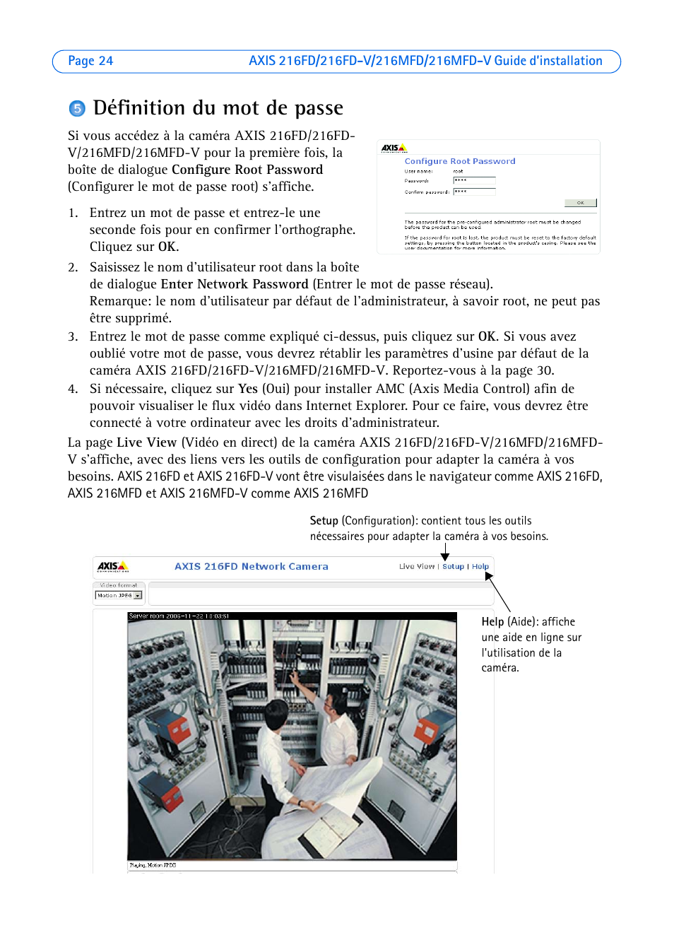 Définition du mot de passe | Axis Communications 216MFD User Manual | Page 24 / 74
