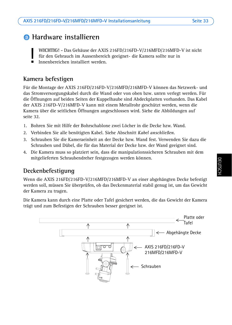 Hardware installieren, Kamera befestigen, Deckenbefestigung | E seite 33 | Axis Communications 216MFD User Manual | Page 33 / 74