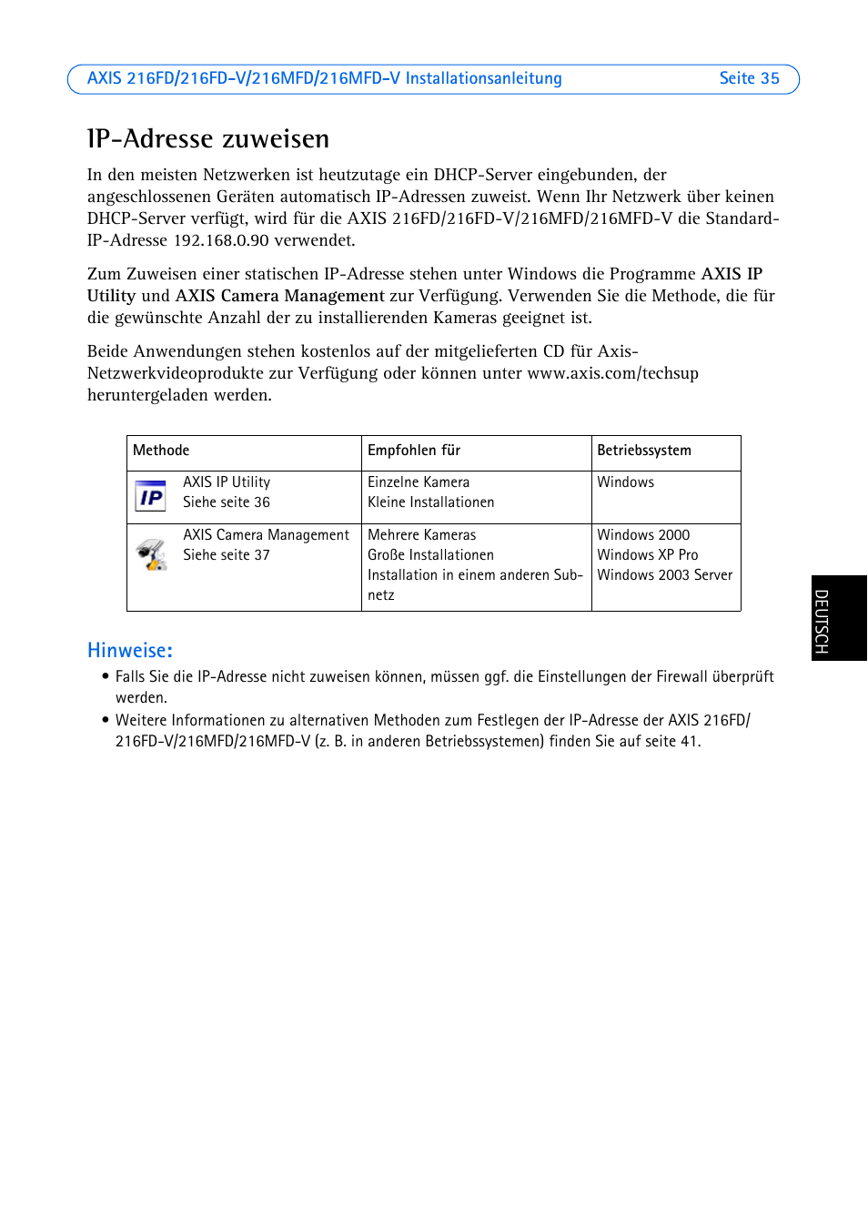 Ip-adresse zuweisen, Seite 35, Hinweise | Axis Communications 216MFD User Manual | Page 35 / 74