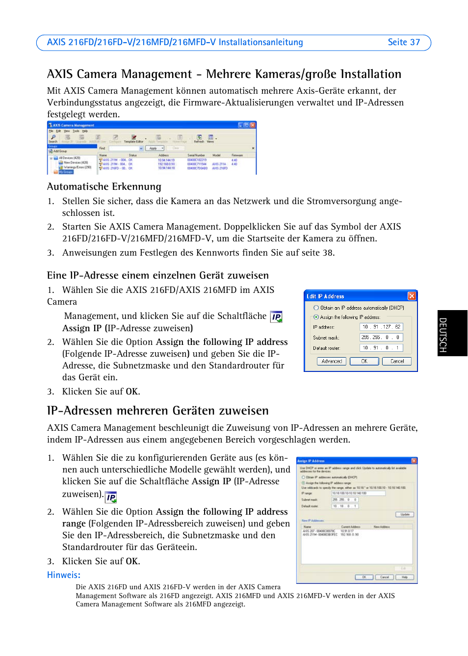 Ip-adressen mehreren geräten zuweisen | Axis Communications 216MFD User Manual | Page 37 / 74