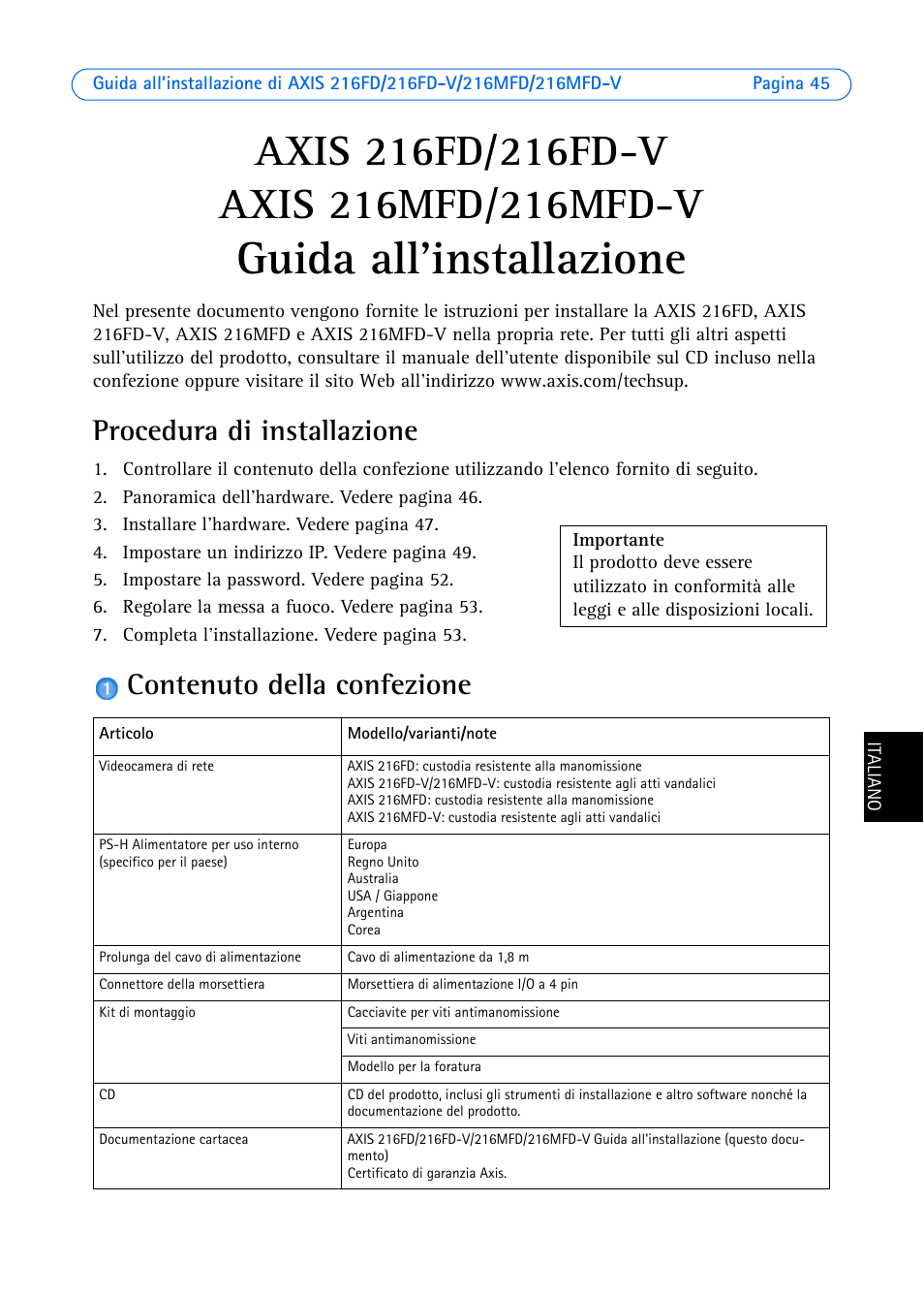 Procedura di installazione, Contenuto della confezione, Guida all'installazione | Axis Communications 216MFD User Manual | Page 45 / 74