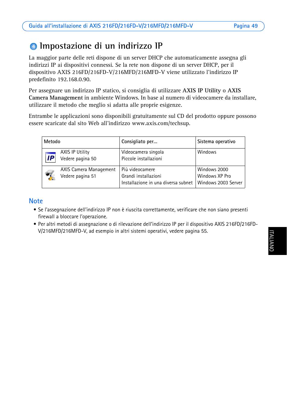 Impostazione di un indirizzo ip | Axis Communications 216MFD User Manual | Page 49 / 74