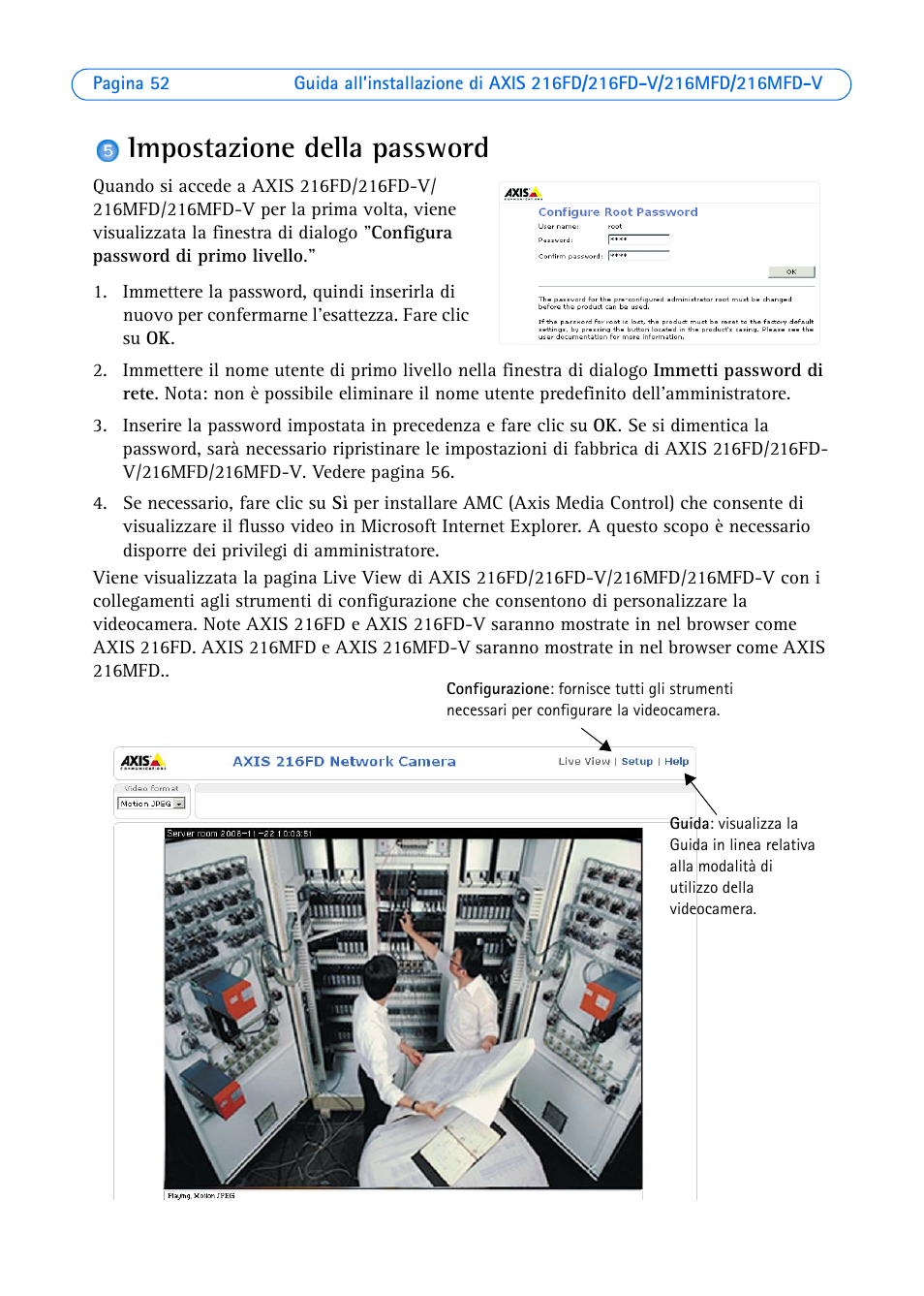 Impostazione della password | Axis Communications 216MFD User Manual | Page 52 / 74
