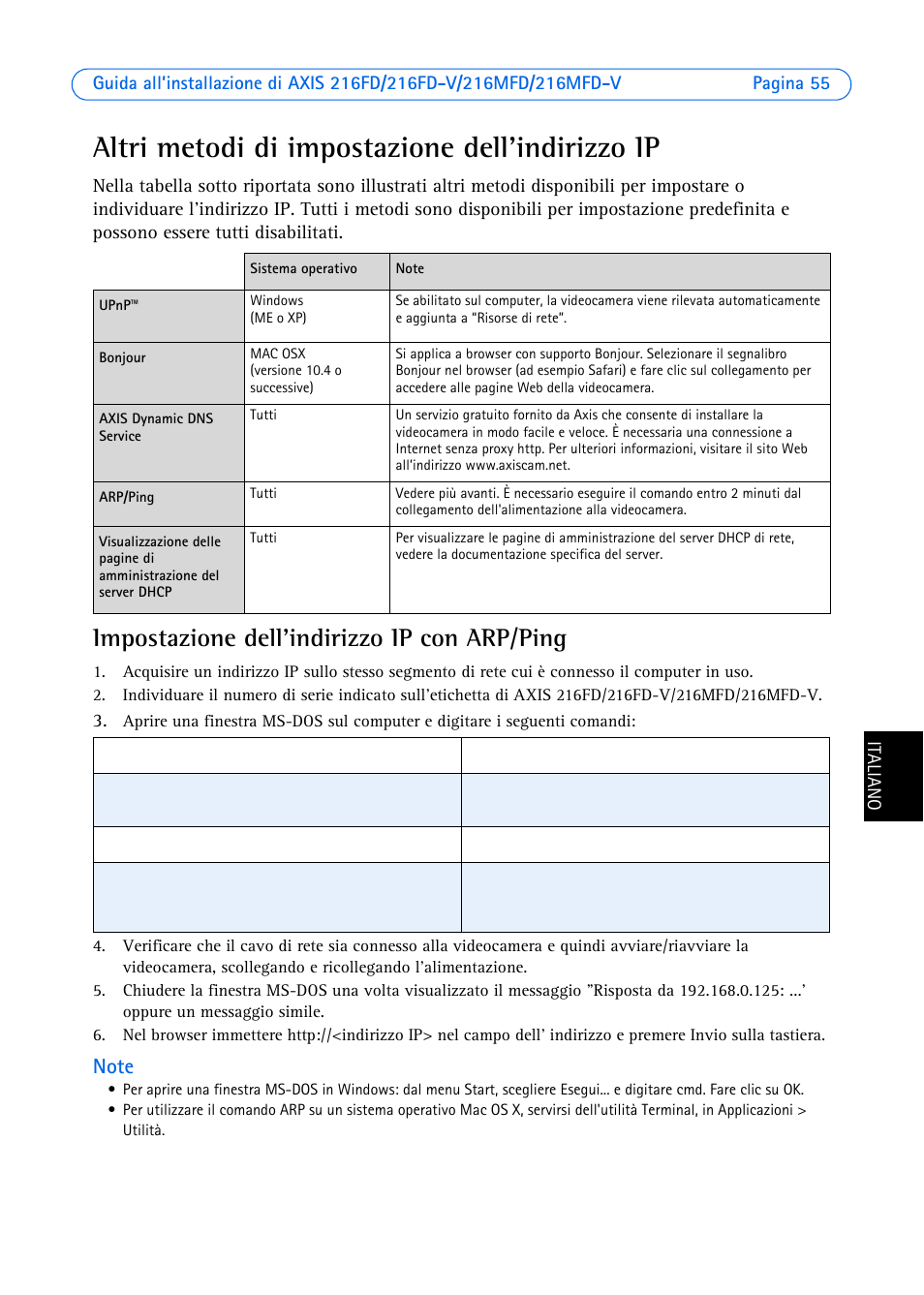 Altri metodi di impostazione dell’indirizzo ip, Impostazione dell'indirizzo ip con arp/ping | Axis Communications 216MFD User Manual | Page 55 / 74
