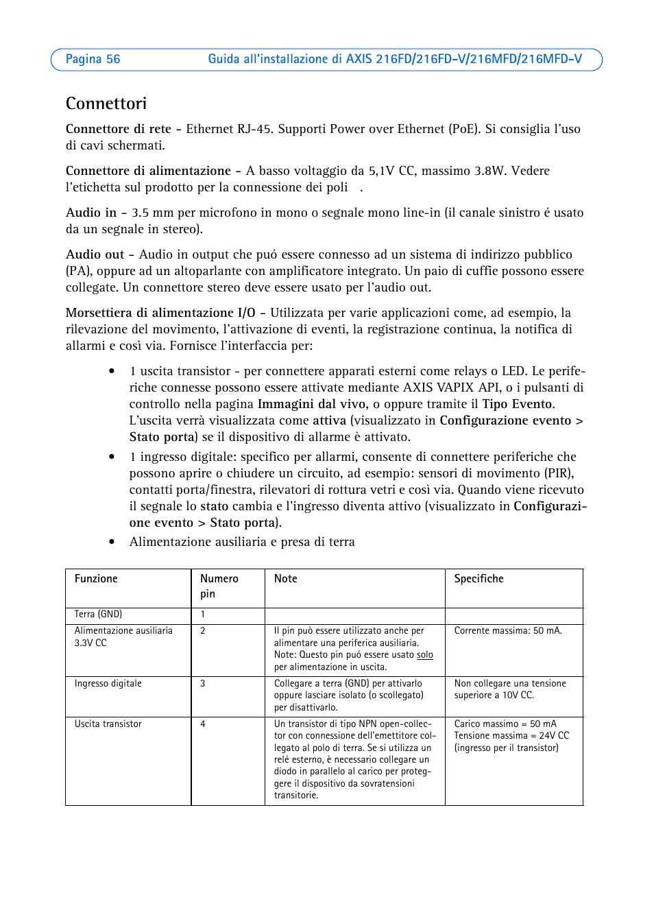 Connettori | Axis Communications 216MFD User Manual | Page 56 / 74