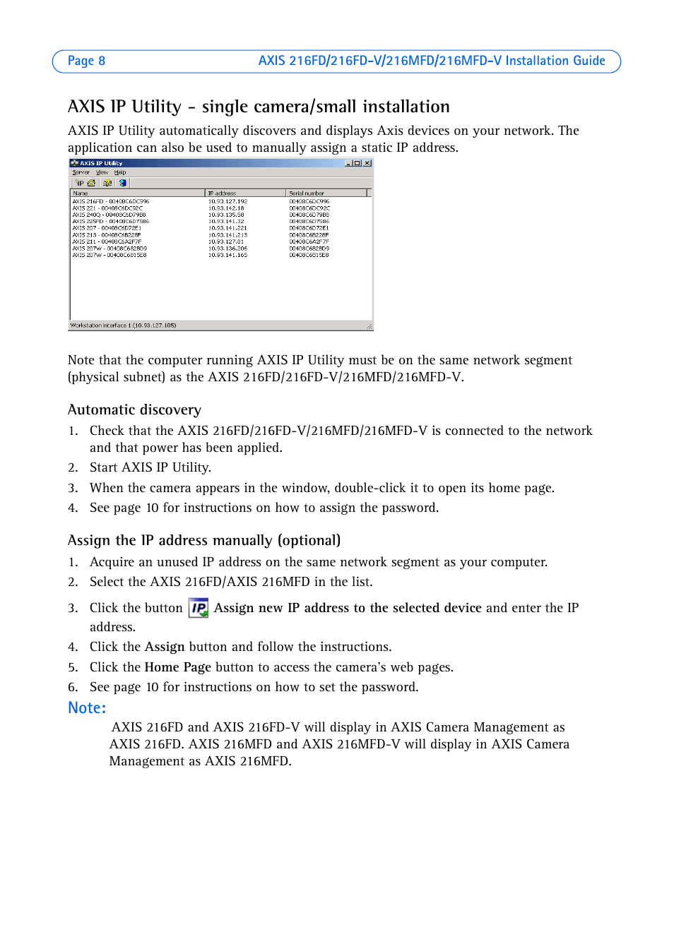 Axis ip utility - single camera/small installation | Axis Communications 216MFD User Manual | Page 8 / 74