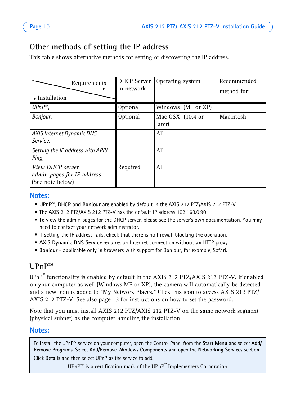 Other methods of setting the ip address, Upnp | Axis Communications 212 PTZ-V User Manual | Page 10 / 69