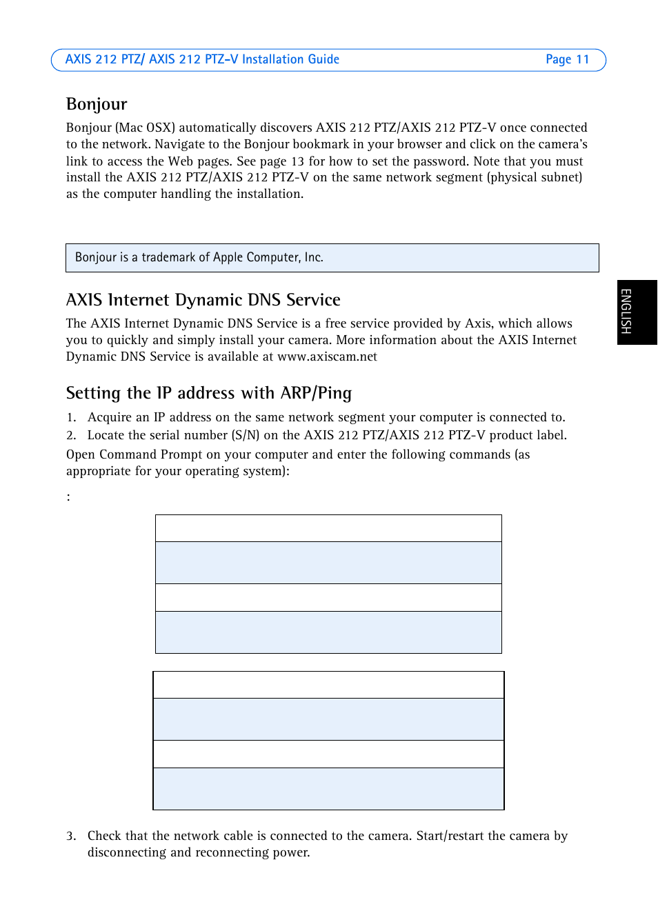 Bonjour, Axis internet dynamic dns service, Setting the ip address with arp/ping | Axis Communications 212 PTZ-V User Manual | Page 11 / 69