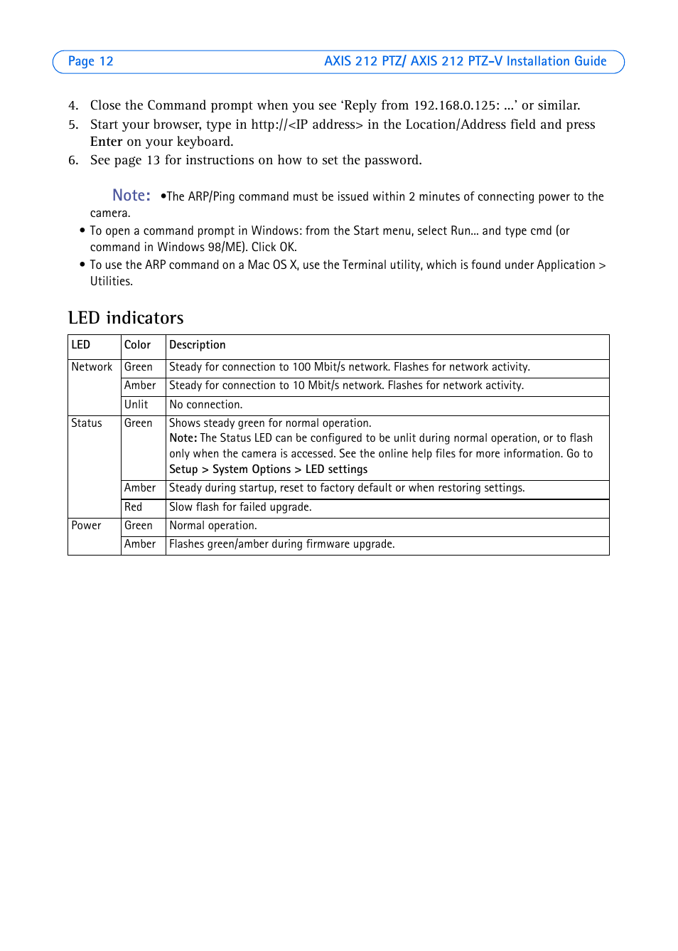 Led indicators | Axis Communications 212 PTZ-V User Manual | Page 12 / 69