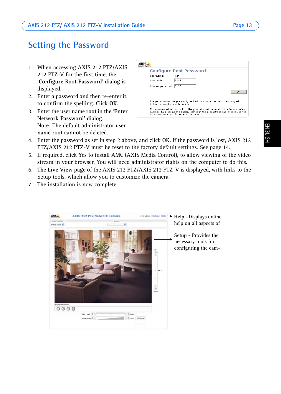 Setting the password | Axis Communications 212 PTZ-V User Manual | Page 13 / 69