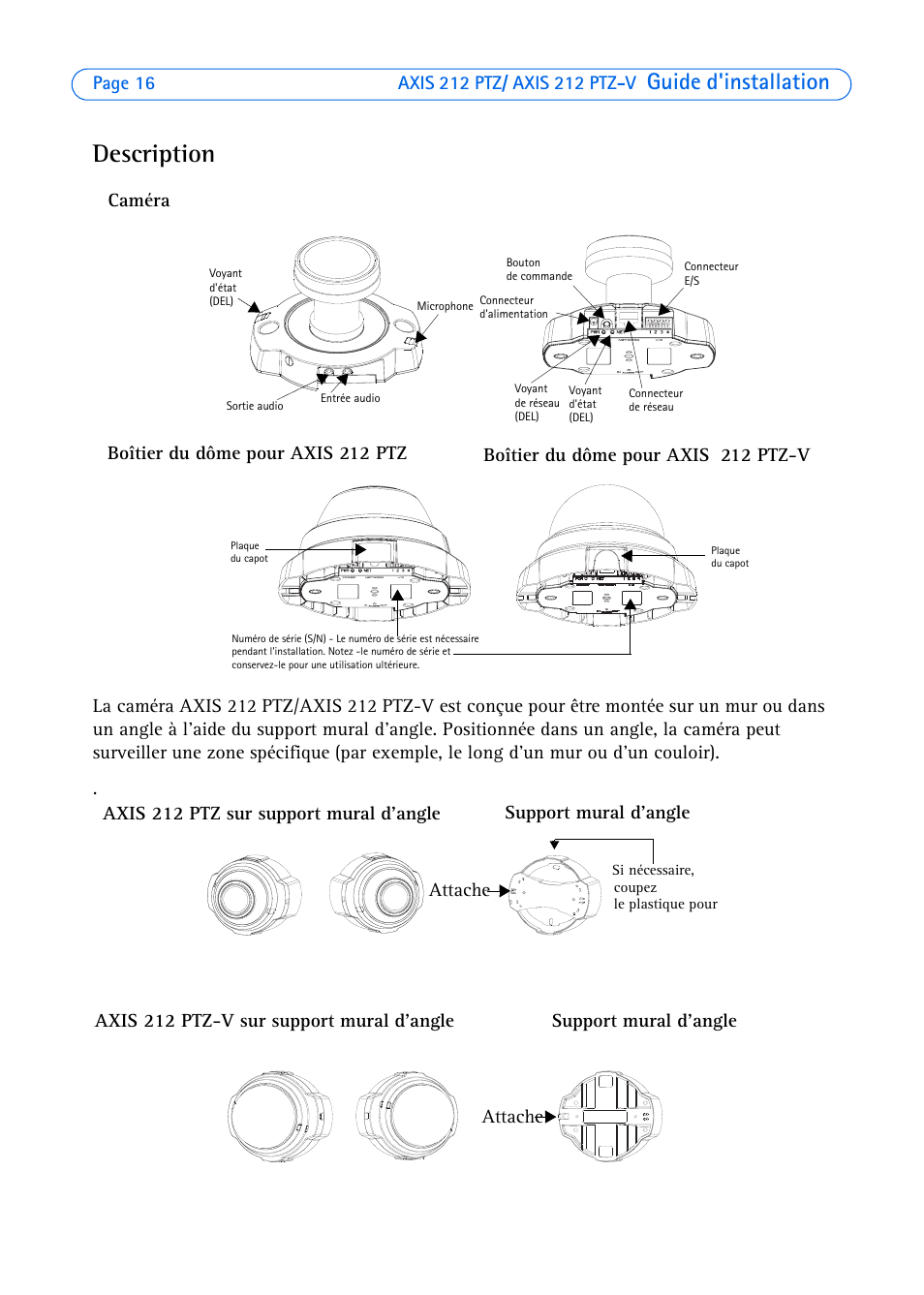 Description, Guide d'installation, Caméra | Attache | Axis Communications 212 PTZ-V User Manual | Page 16 / 69
