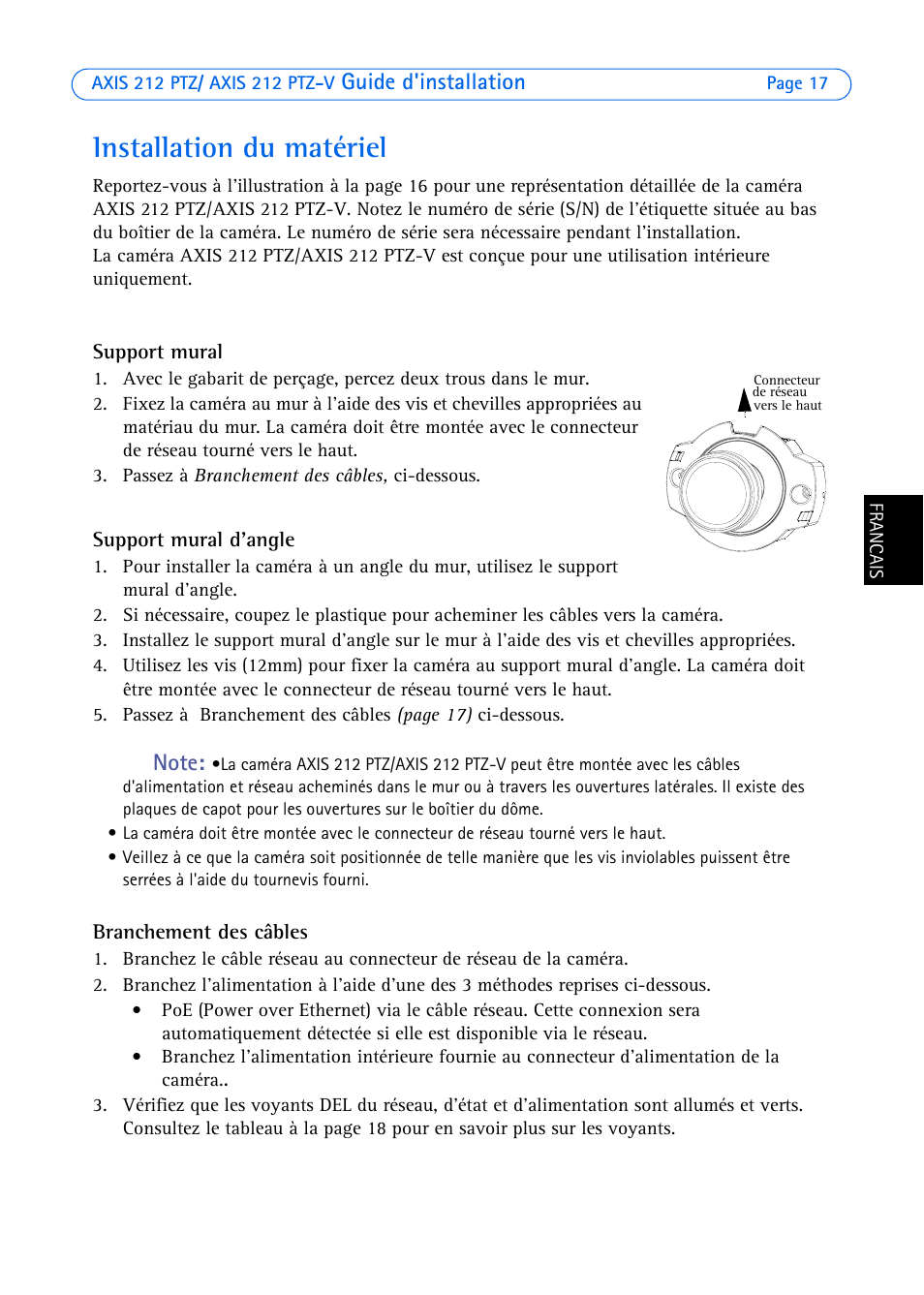 Installation du matériel, Guide d'installation | Axis Communications 212 PTZ-V User Manual | Page 17 / 69