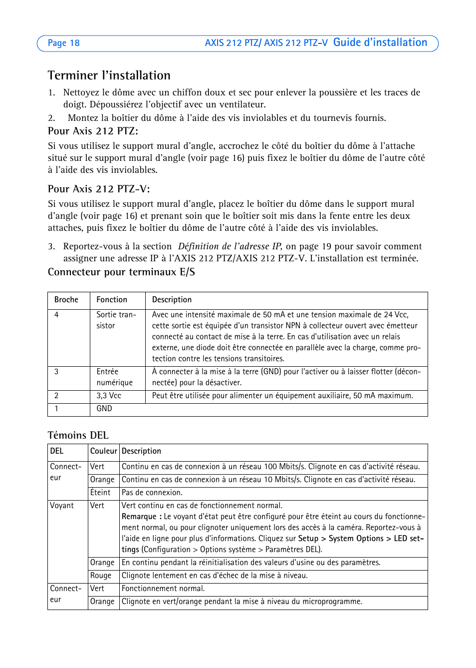 Terminer l'installation, Guide d'installation | Axis Communications 212 PTZ-V User Manual | Page 18 / 69