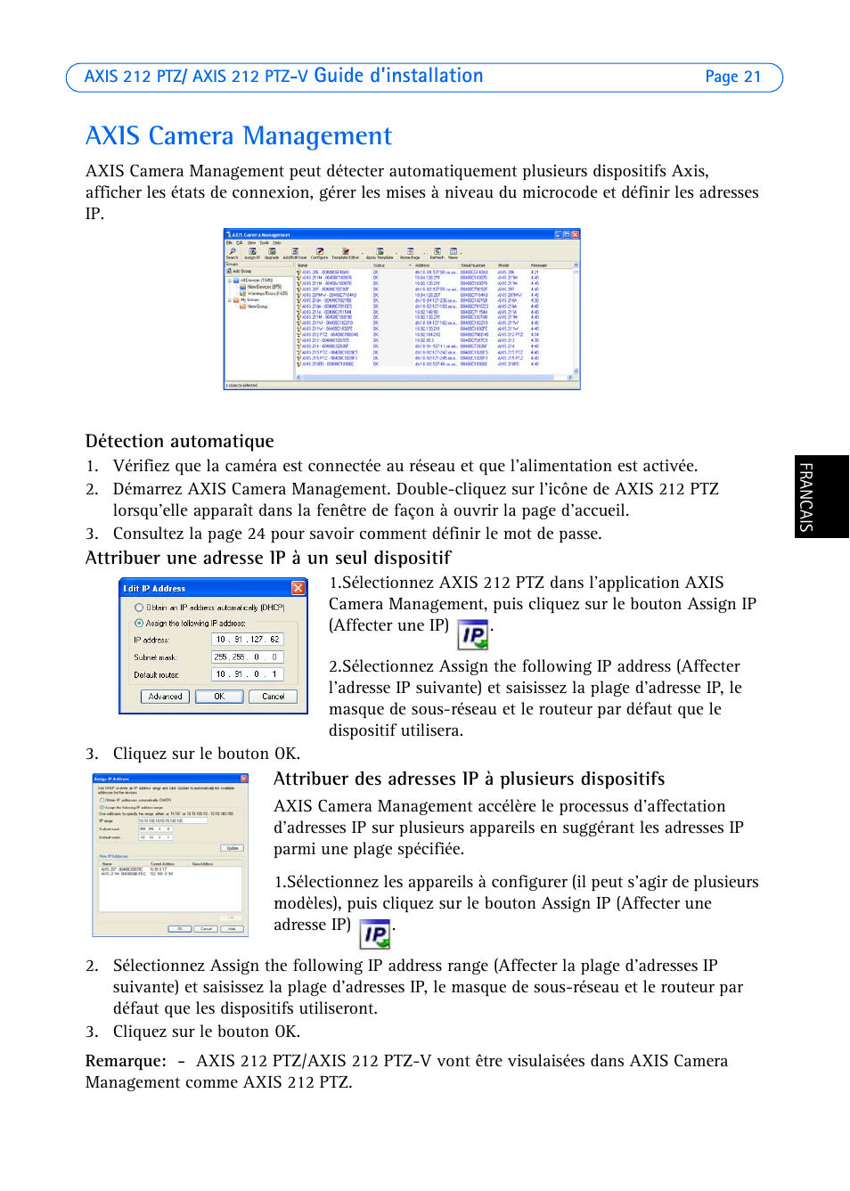 Axis camera management | Axis Communications 212 PTZ-V User Manual | Page 21 / 69