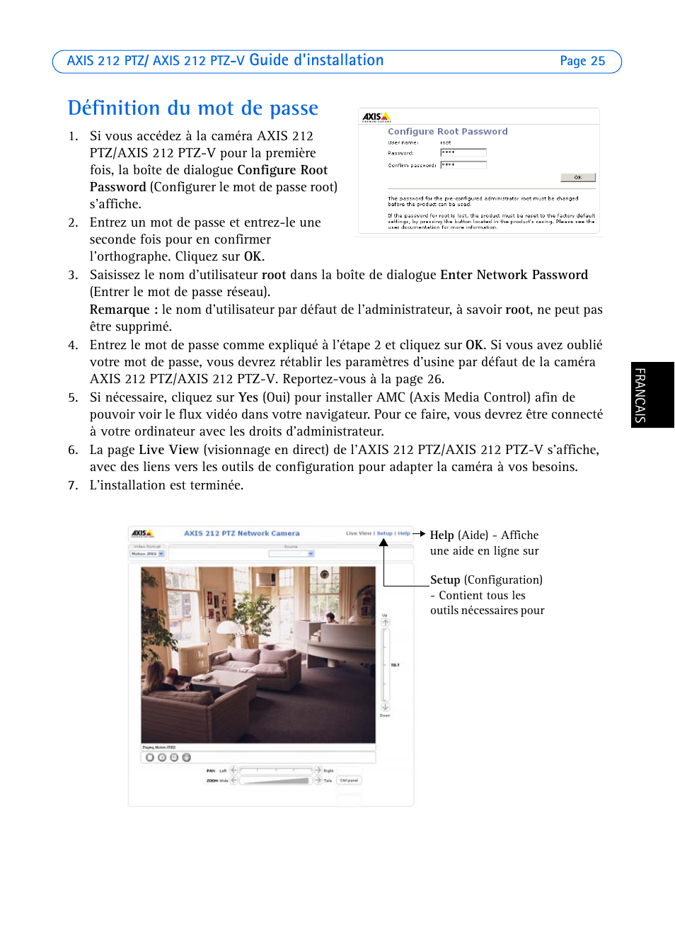 Définition du mot de passe | Axis Communications 212 PTZ-V User Manual | Page 25 / 69