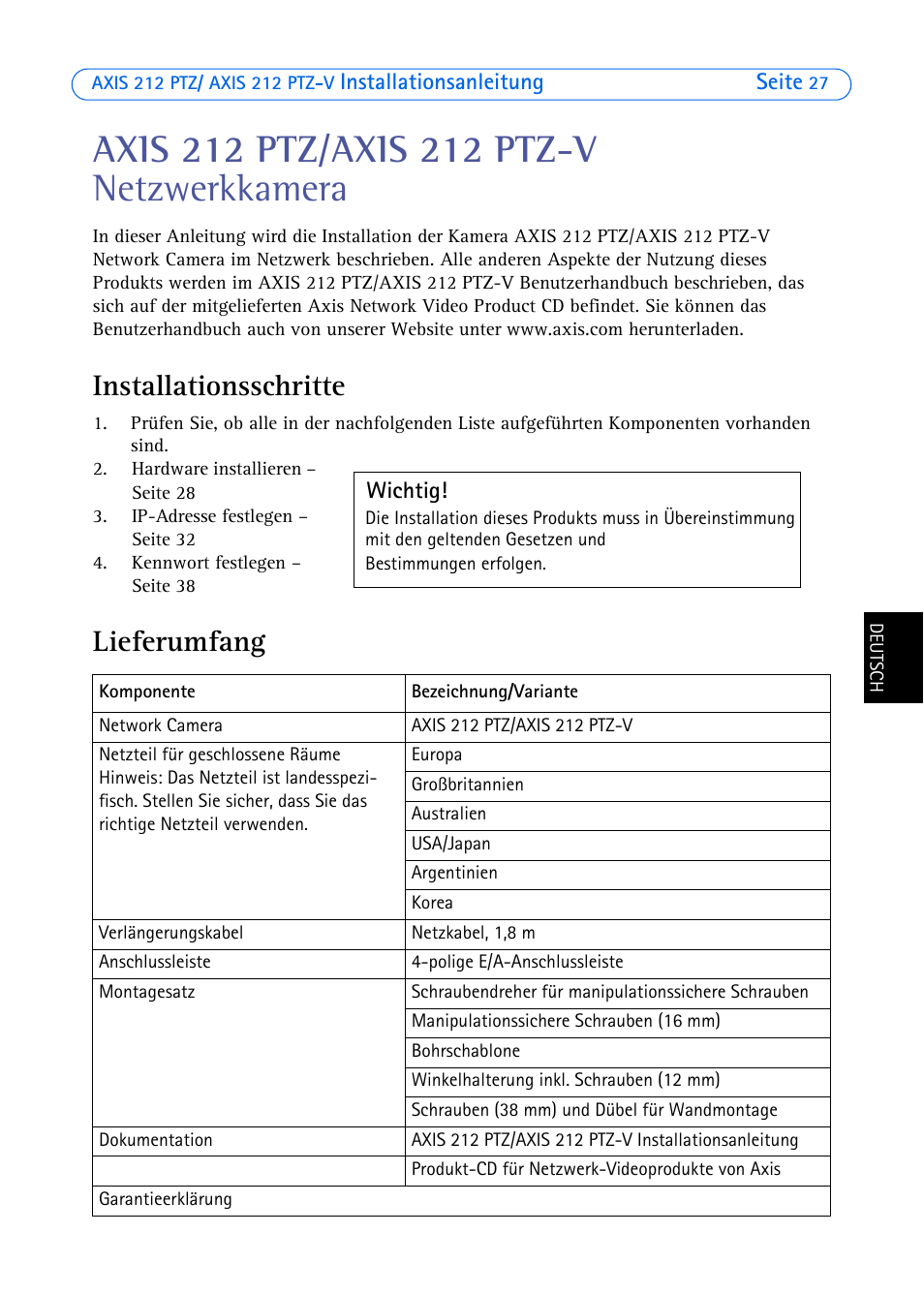Axis 212 ptz/axis 212 ptz-v netzwerkkamera, Installationsschritte, Lieferumfang | Axis Communications 212 PTZ-V User Manual | Page 27 / 69