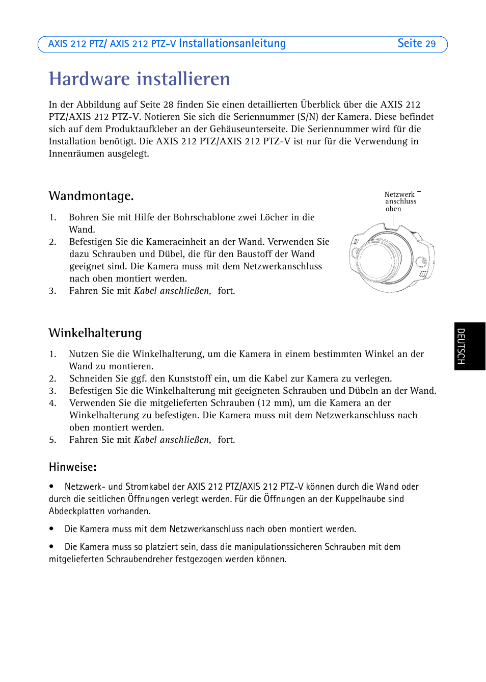 Hardware installieren, Wandmontage, Winkelhalterung | Axis Communications 212 PTZ-V User Manual | Page 29 / 69