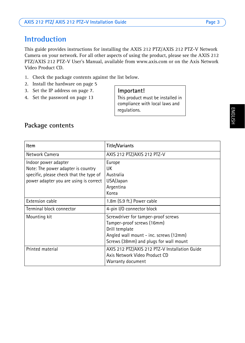 Introduction, Package contents | Axis Communications 212 PTZ-V User Manual | Page 3 / 69