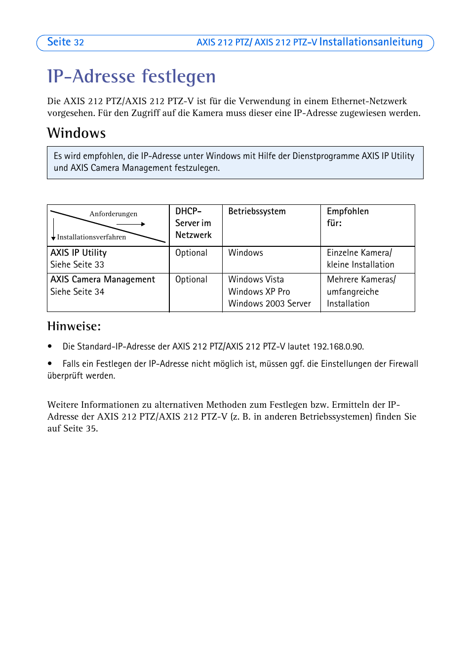 Ip-adresse festlegen, Windows, Hinweise | Axis Communications 212 PTZ-V User Manual | Page 32 / 69