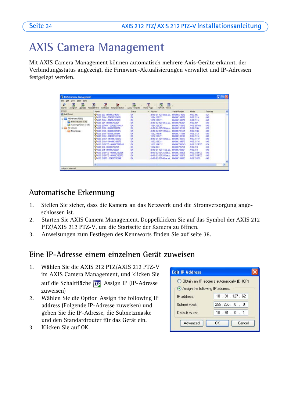 Axis camera management, Automatische erkennung, Eine ip-adresse einem einzelnen gerät zuweisen | Axis Communications 212 PTZ-V User Manual | Page 34 / 69