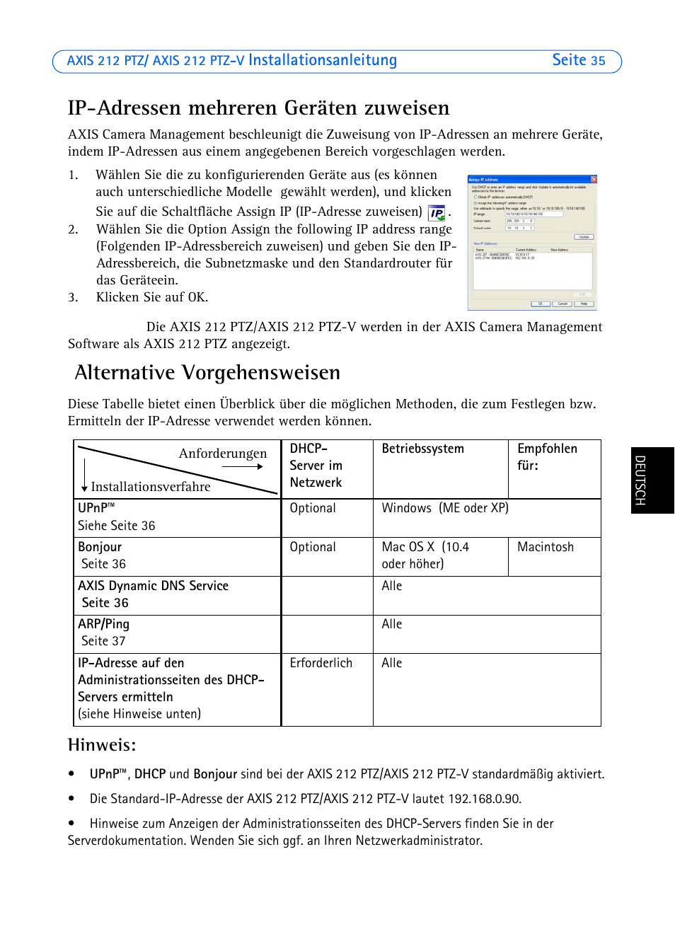 Ip-adressen mehreren geräten zuweisen, Alternative vorgehensweisen, Hinweis | Axis Communications 212 PTZ-V User Manual | Page 35 / 69