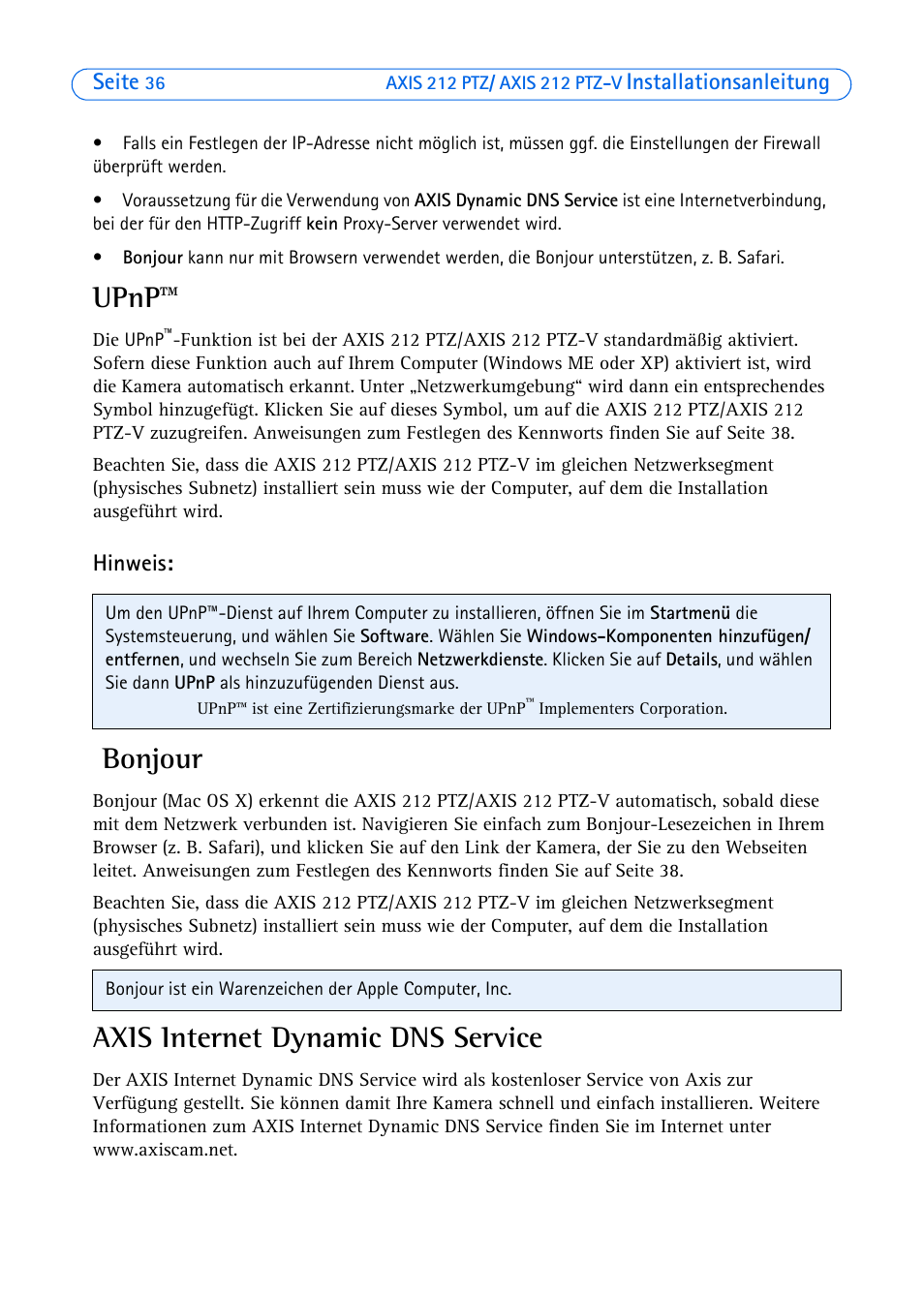 Upnp, Bonjour, Axis internet dynamic dns service | Axis Communications 212 PTZ-V User Manual | Page 36 / 69