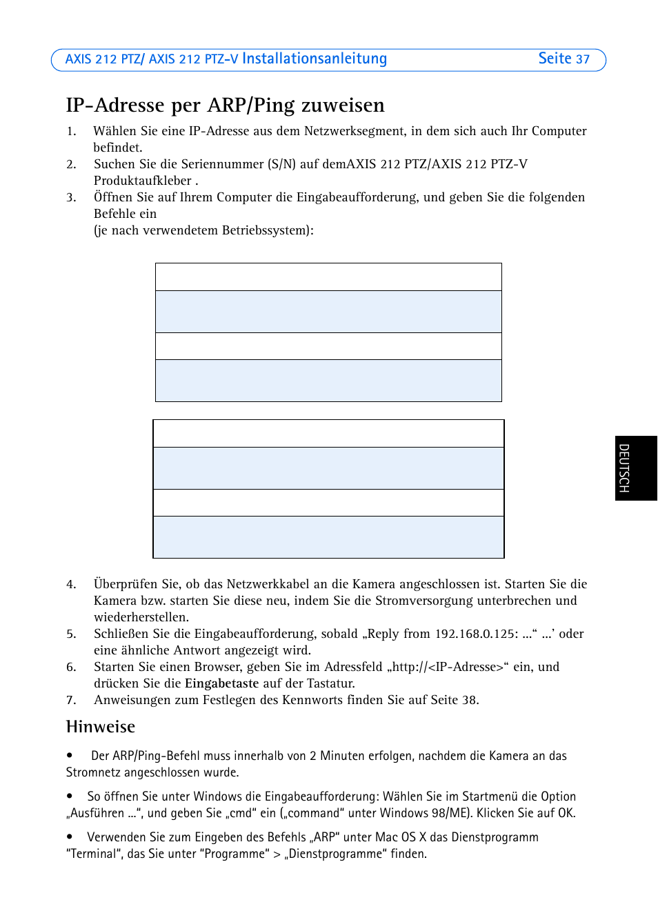 Ip-adresse per arp/ping zuweisen, Hinweise, Installationsanleitung seite | Axis Communications 212 PTZ-V User Manual | Page 37 / 69