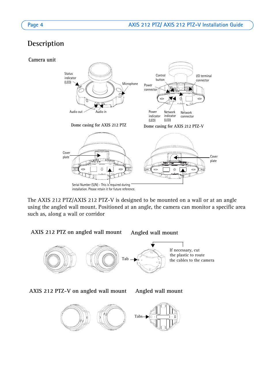 Description, Camera unit | Axis Communications 212 PTZ-V User Manual | Page 4 / 69