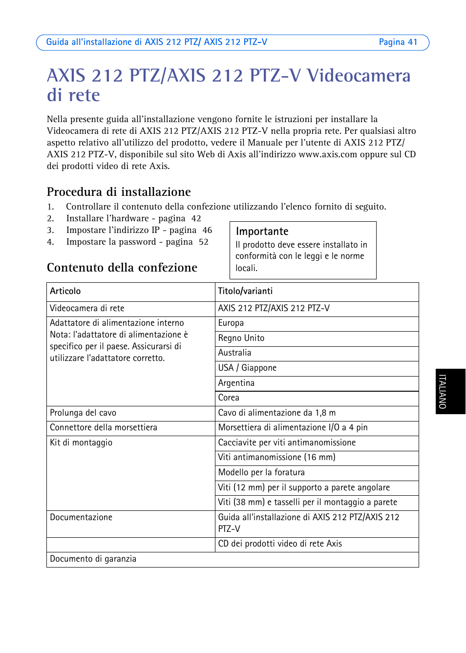 Axis 212 ptz/axis 212 ptz-v videocamera di rete, Procedura di installazione, Contenuto della confezione | Axis Communications 212 PTZ-V User Manual | Page 41 / 69