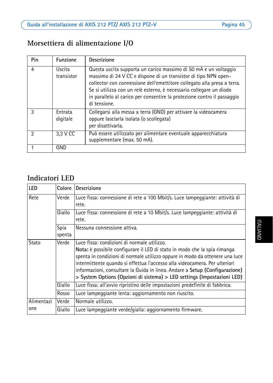 Morsettiera di alimentazione i/o, Morsettiera di alimentazione i/o indicatori led | Axis Communications 212 PTZ-V User Manual | Page 45 / 69