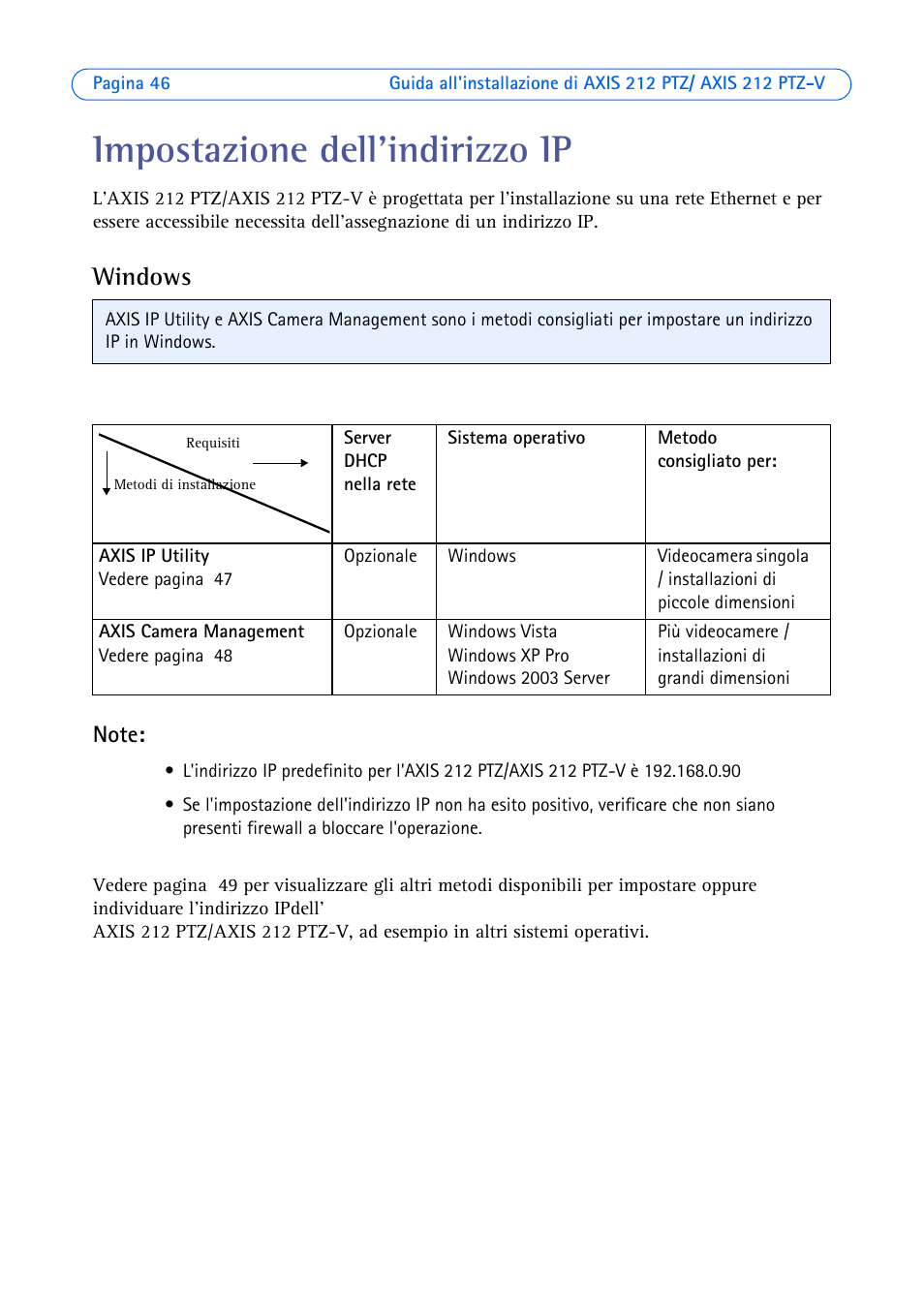 Impostazione dell'indirizzo ip, Windows | Axis Communications 212 PTZ-V User Manual | Page 46 / 69