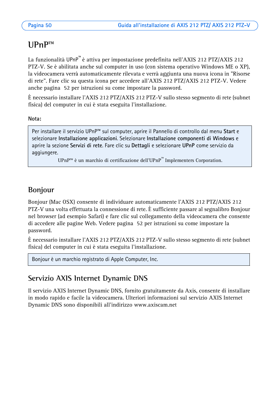 Upnp, Bonjour, Servizio axis internet dynamic dns | Axis Communications 212 PTZ-V User Manual | Page 50 / 69