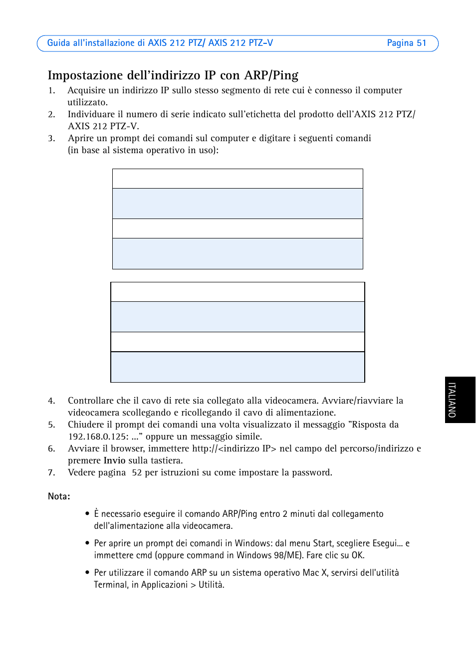 Impostazione dell'indirizzo ip con arp/ping | Axis Communications 212 PTZ-V User Manual | Page 51 / 69