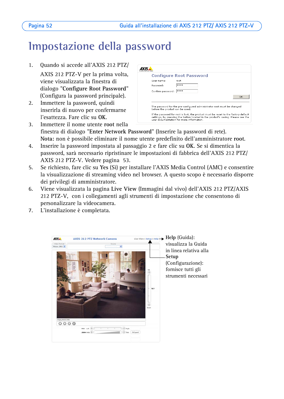 Impostazione della password | Axis Communications 212 PTZ-V User Manual | Page 52 / 69
