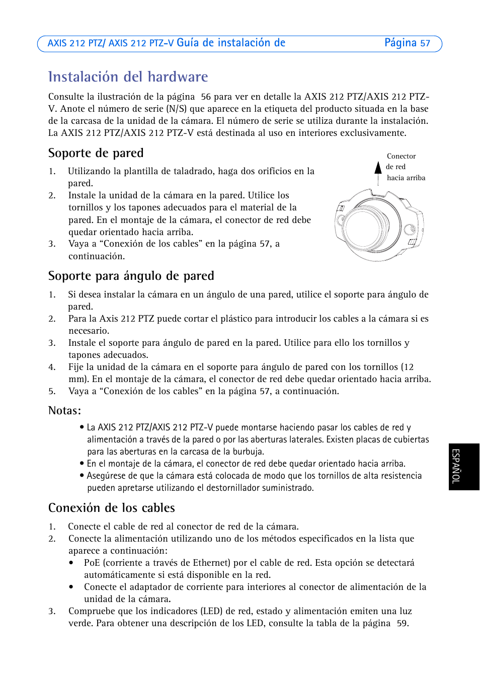Instalación del hardware, Soporte de pared, Soporte para ángulo de pared | Conexión de los cables | Axis Communications 212 PTZ-V User Manual | Page 57 / 69