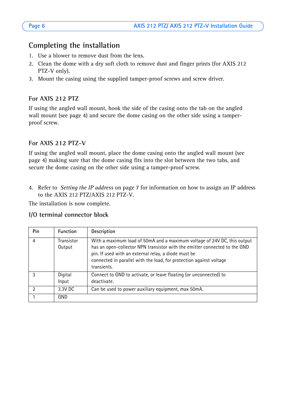 Completing the installation | Axis Communications 212 PTZ-V User Manual | Page 6 / 69