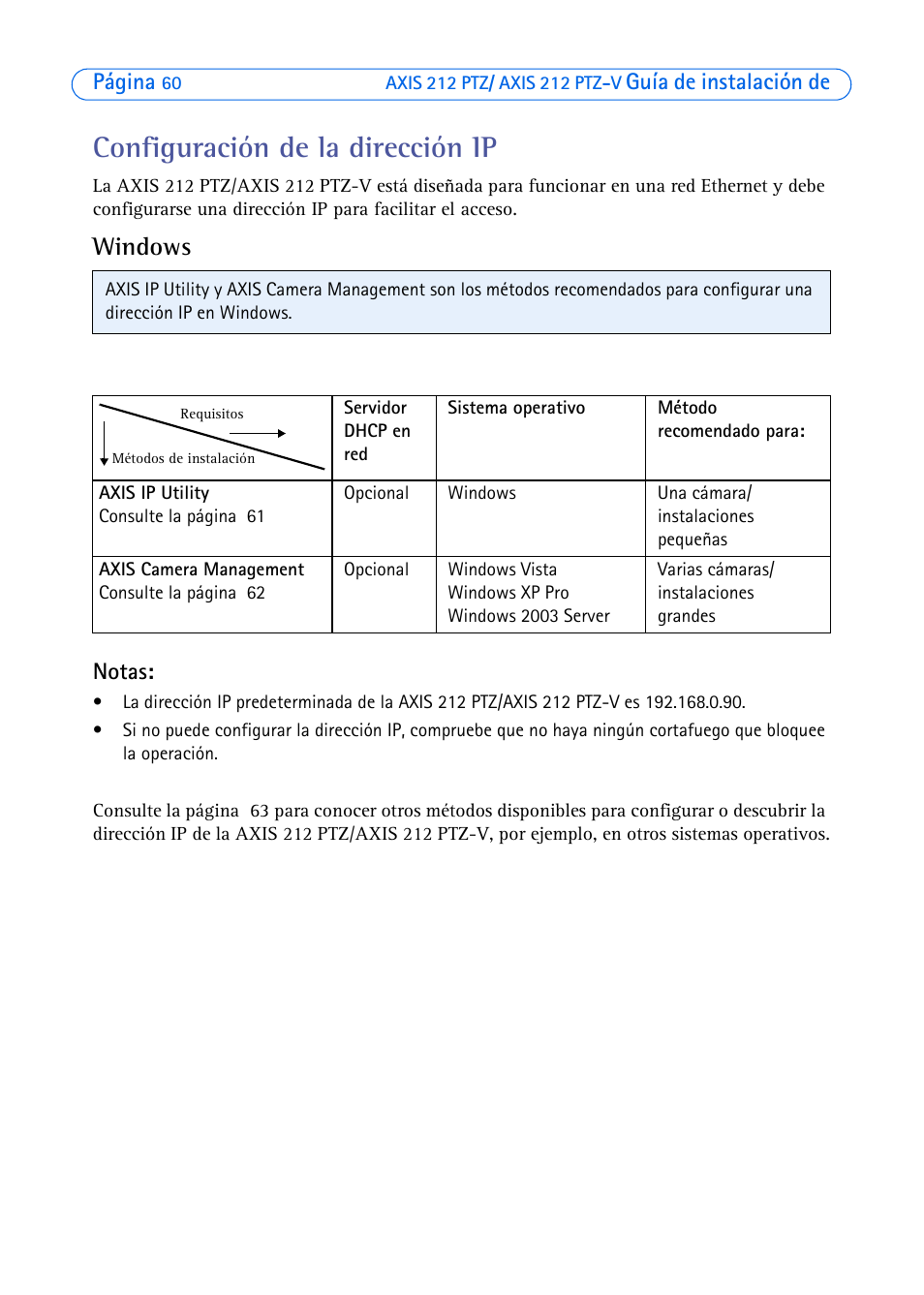 Configuración de la dirección ip, Windows | Axis Communications 212 PTZ-V User Manual | Page 60 / 69