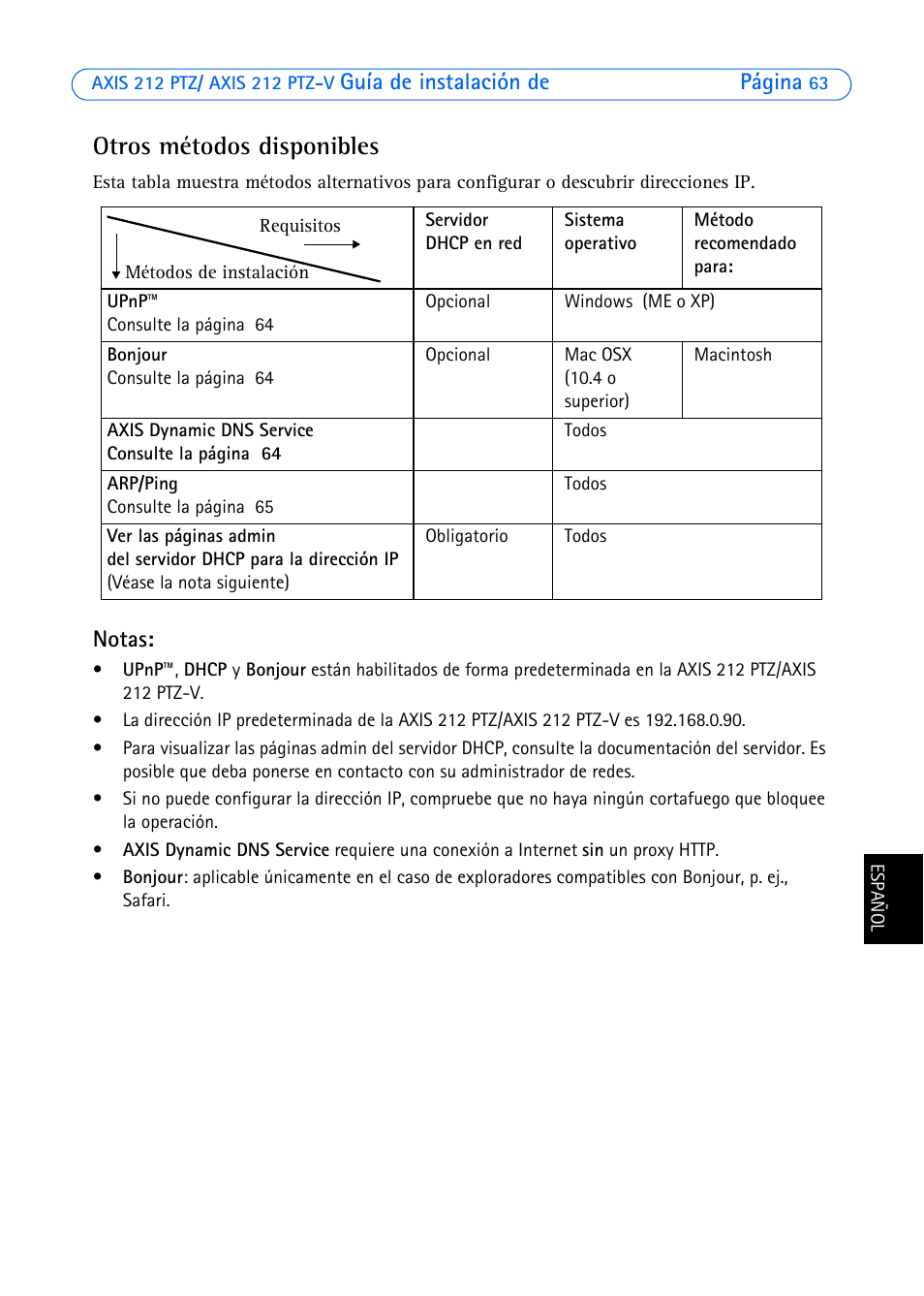 Otros métodos disponibles, Guía de instalación de página, Notas | Axis Communications 212 PTZ-V User Manual | Page 63 / 69