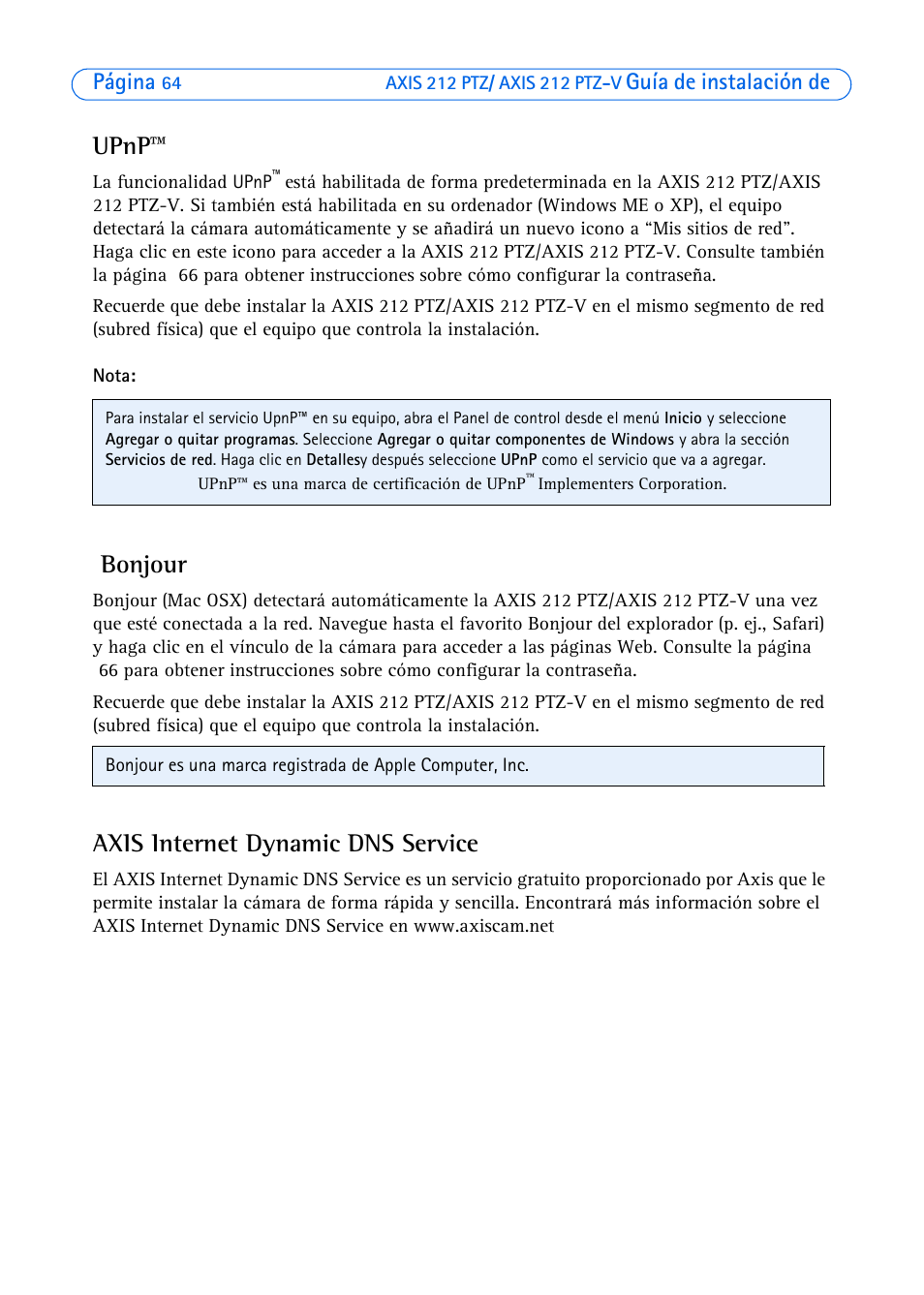 Upnp, Bonjour, Axis internet dynamic dns service | Página, Guía de instalación de | Axis Communications 212 PTZ-V User Manual | Page 64 / 69