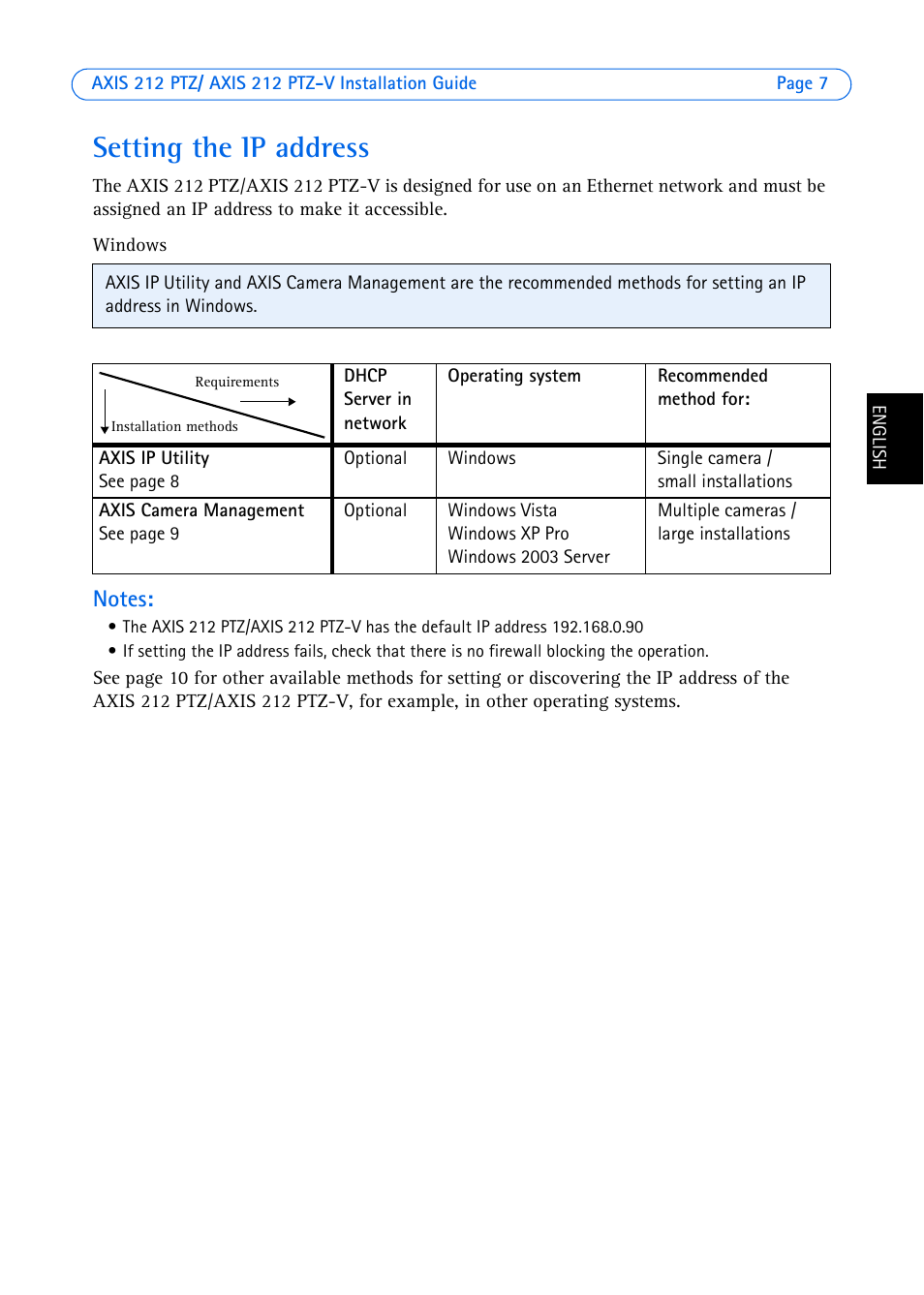 Setting the ip address | Axis Communications 212 PTZ-V User Manual | Page 7 / 69