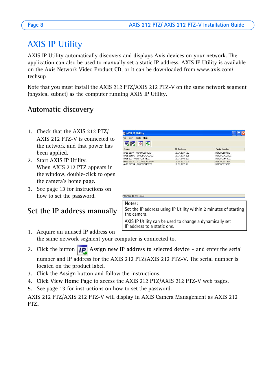 Axis ip utility, Automatic discovery, Set the ip address manually | Axis Communications 212 PTZ-V User Manual | Page 8 / 69
