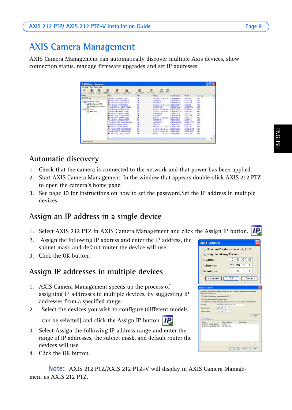 Axis camera management, Automatic discovery, Assign an ip address in a single device | Assign ip addresses in multiple devices | Axis Communications 212 PTZ-V User Manual | Page 9 / 69
