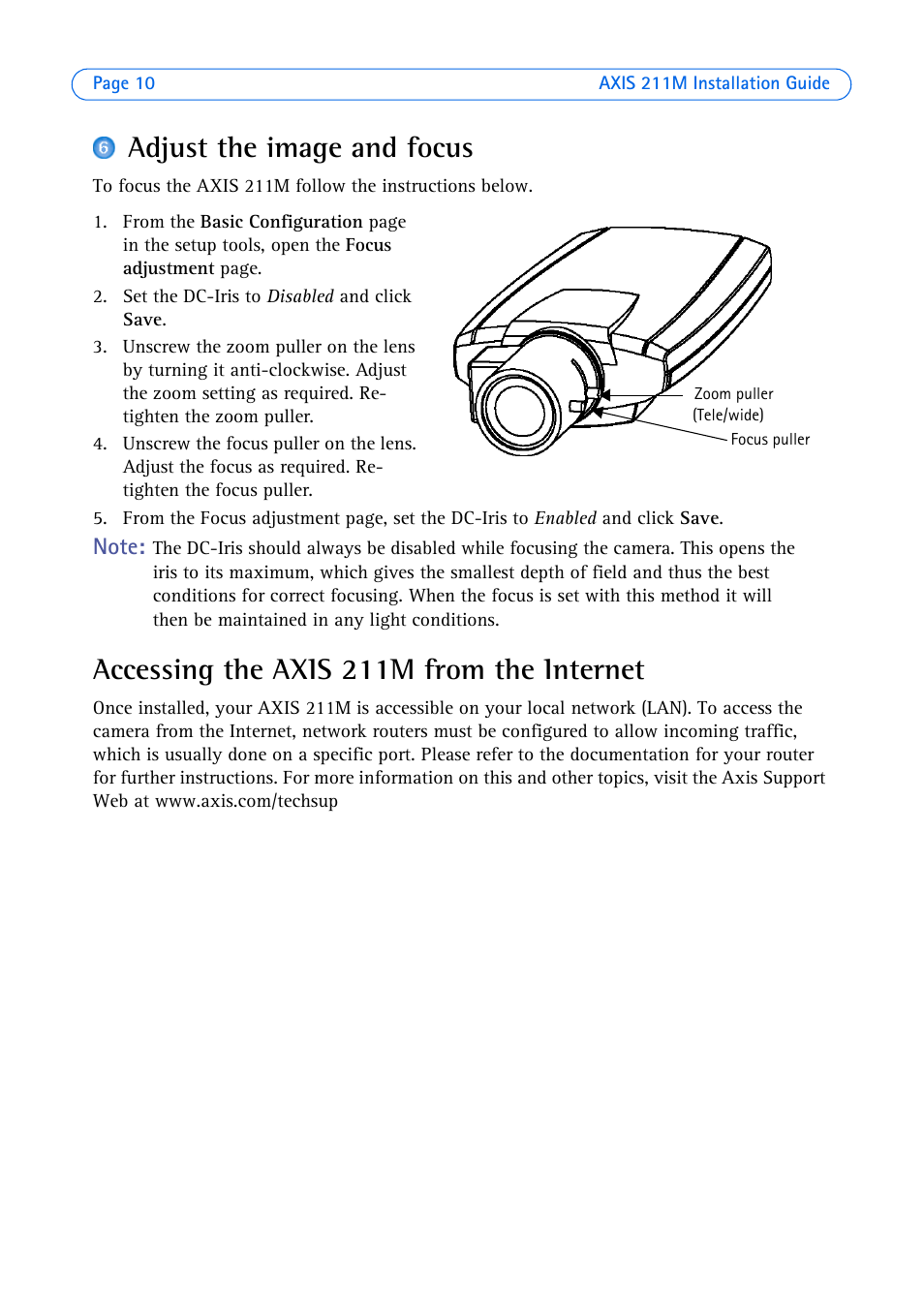 Adjust the image and focus, Accessing the axis 211m from the internet | Axis Communications 211M User Manual | Page 10 / 64